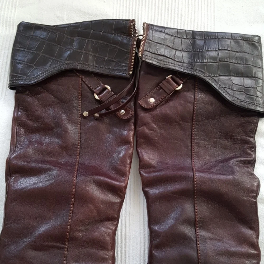 Marciano Brown Over-the-Knee Leather Boots with Dark Brown Trim